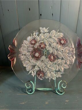 Mikasa Clear Glass Floral Platter or Cake Plate w/Pink Rose Accents - Vintage